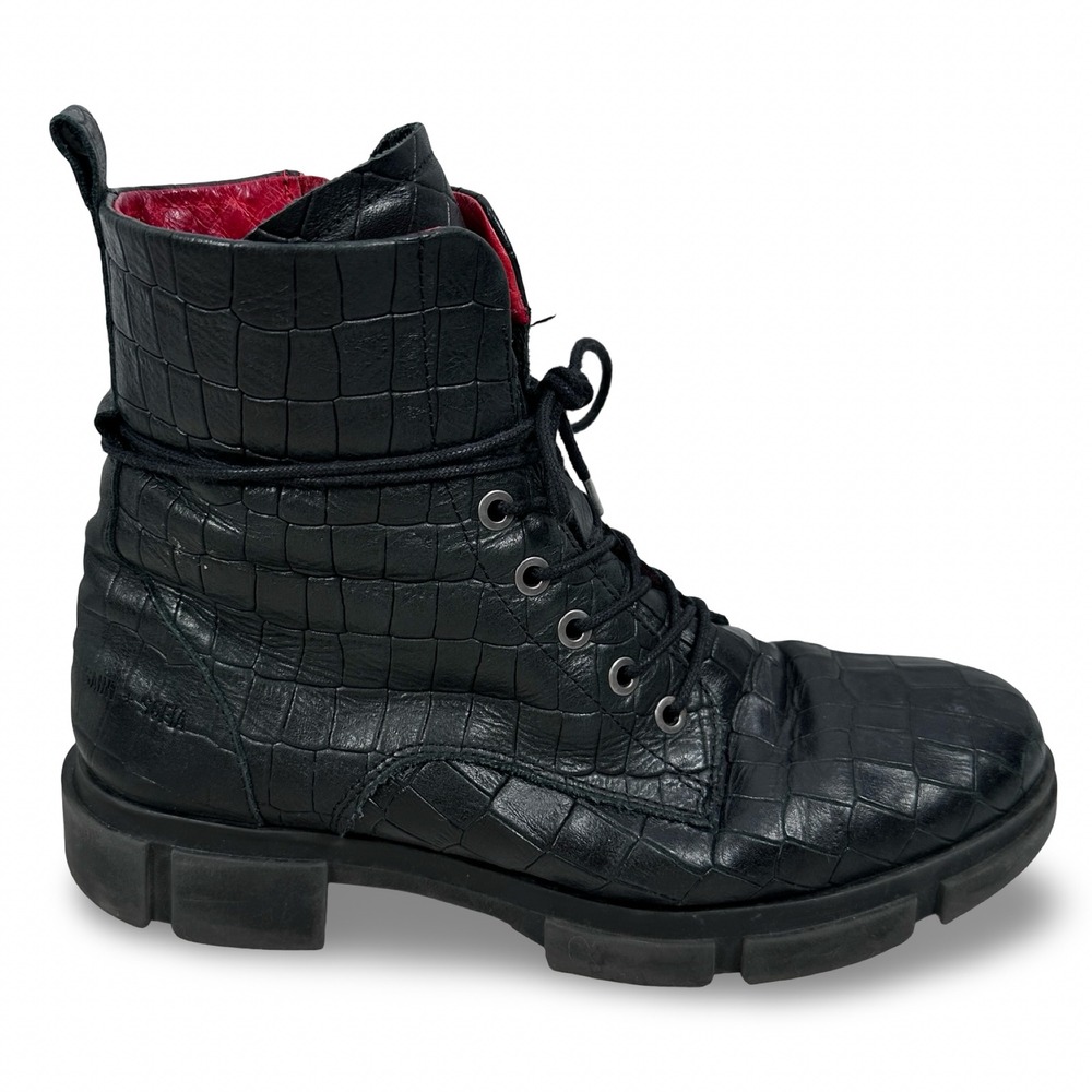 Saint + Sofia Noho Black‎ Crocodile Embossed Leather Combat Boots US 9 EU 40